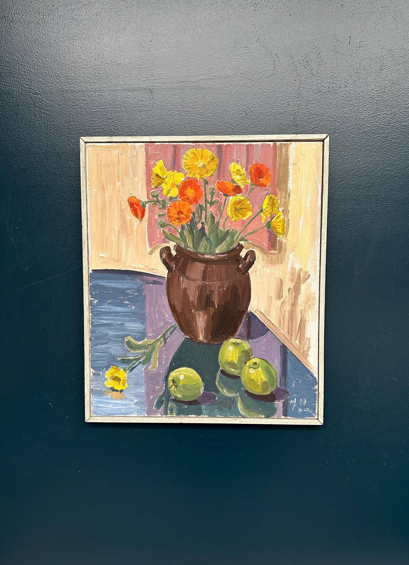 Swedish Oil on Canvas – “Apples and Flowers” – Vintage & Framed