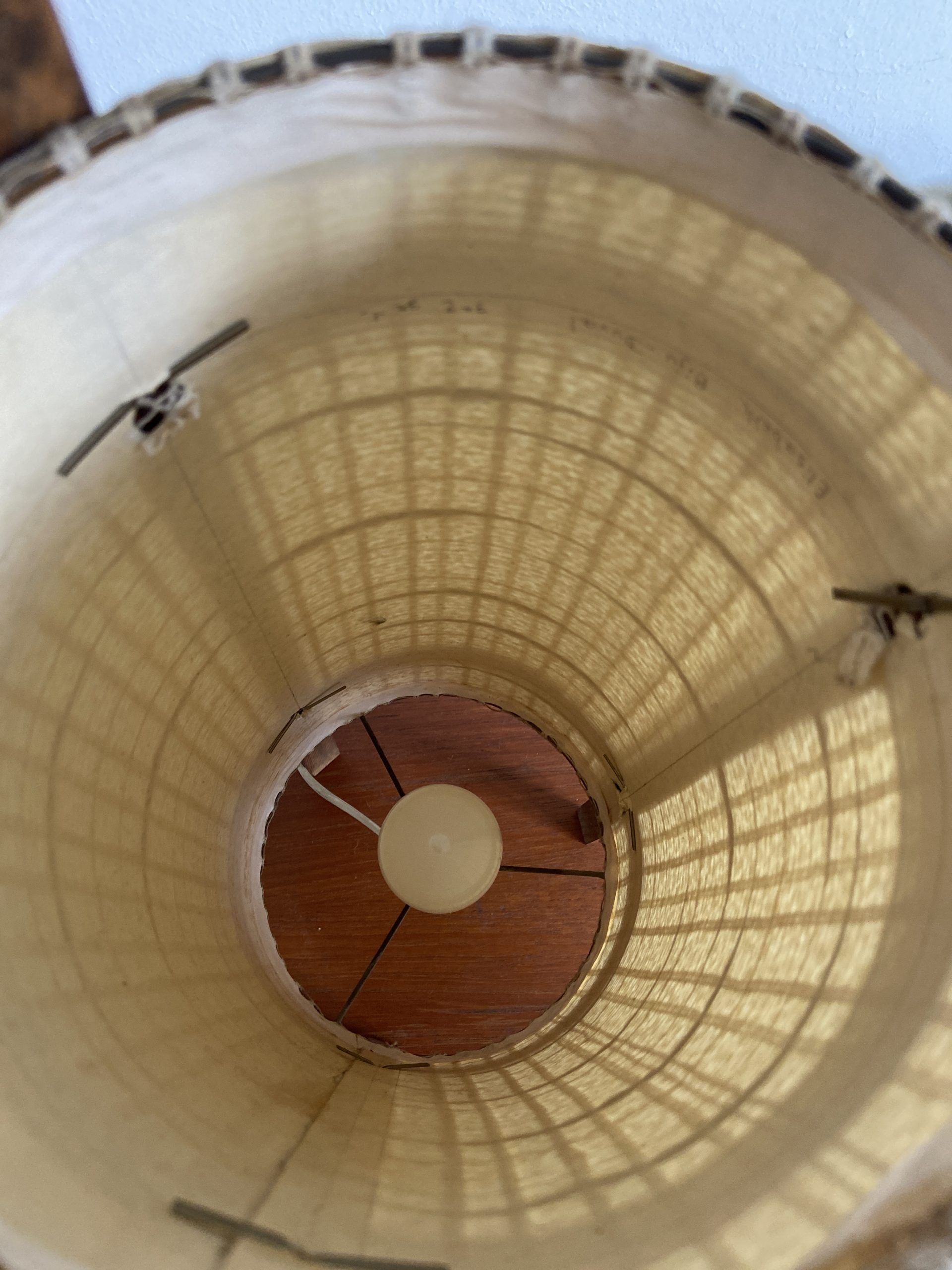 Vintage handcrafted lamp in woven wool and wood veneer