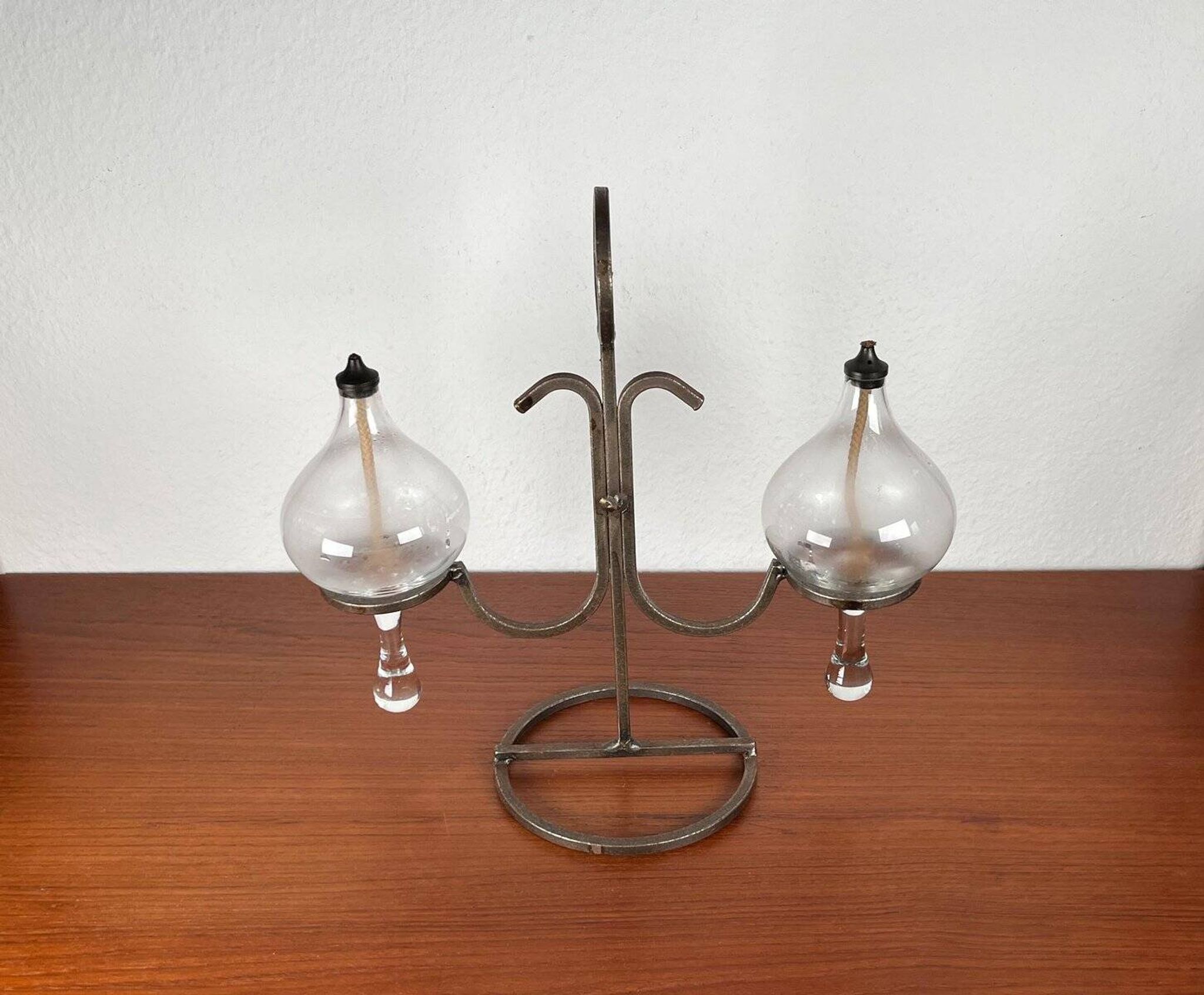 Mid-century Danish wrought iron and glass table oil lamp, 1960s.