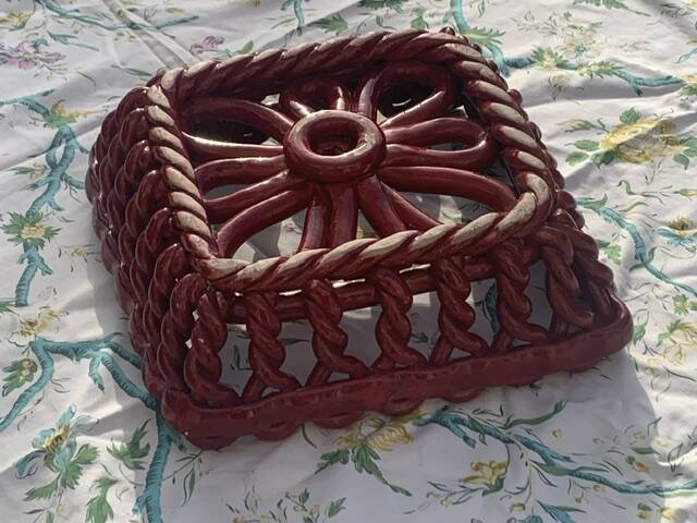 Fruit bowl in red slip, square shape, enamelled ceramic, old