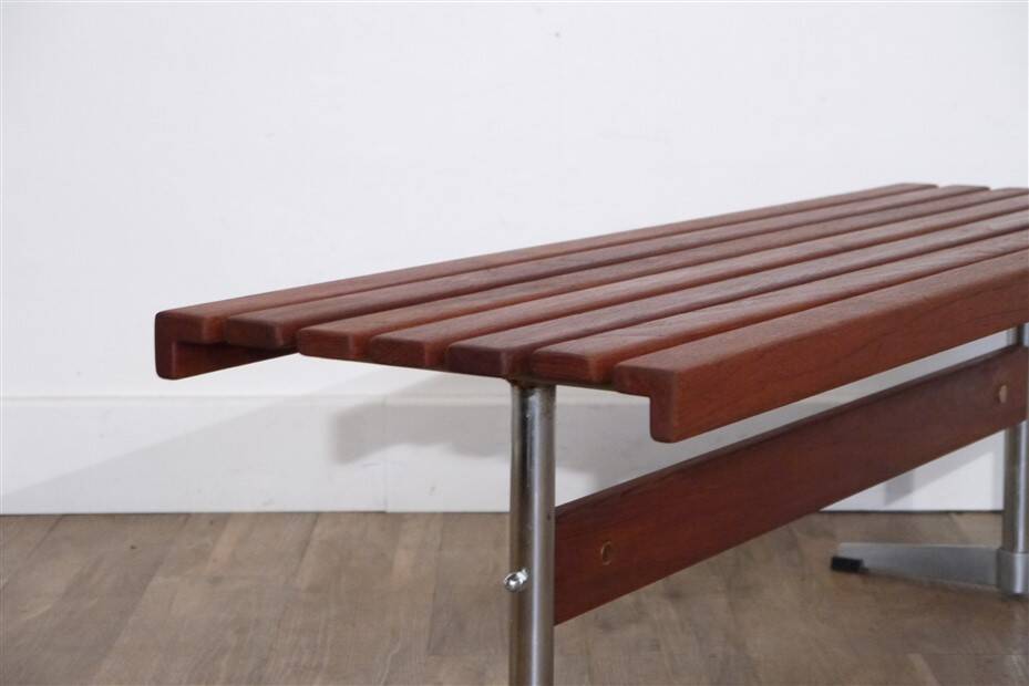 Danish slatted bench in teak and metal 1970