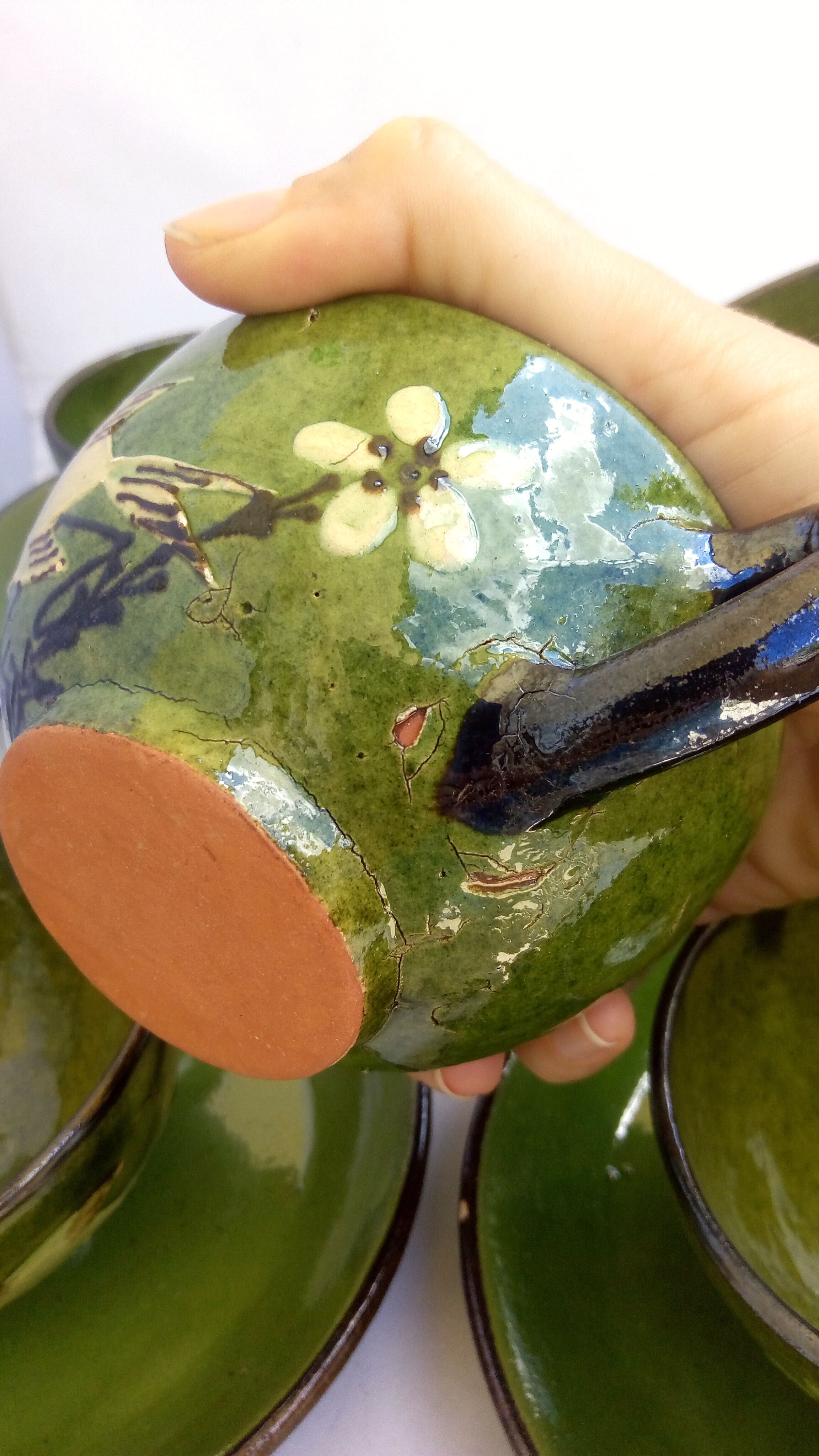 6 tea cups/green ceramic bird coffee