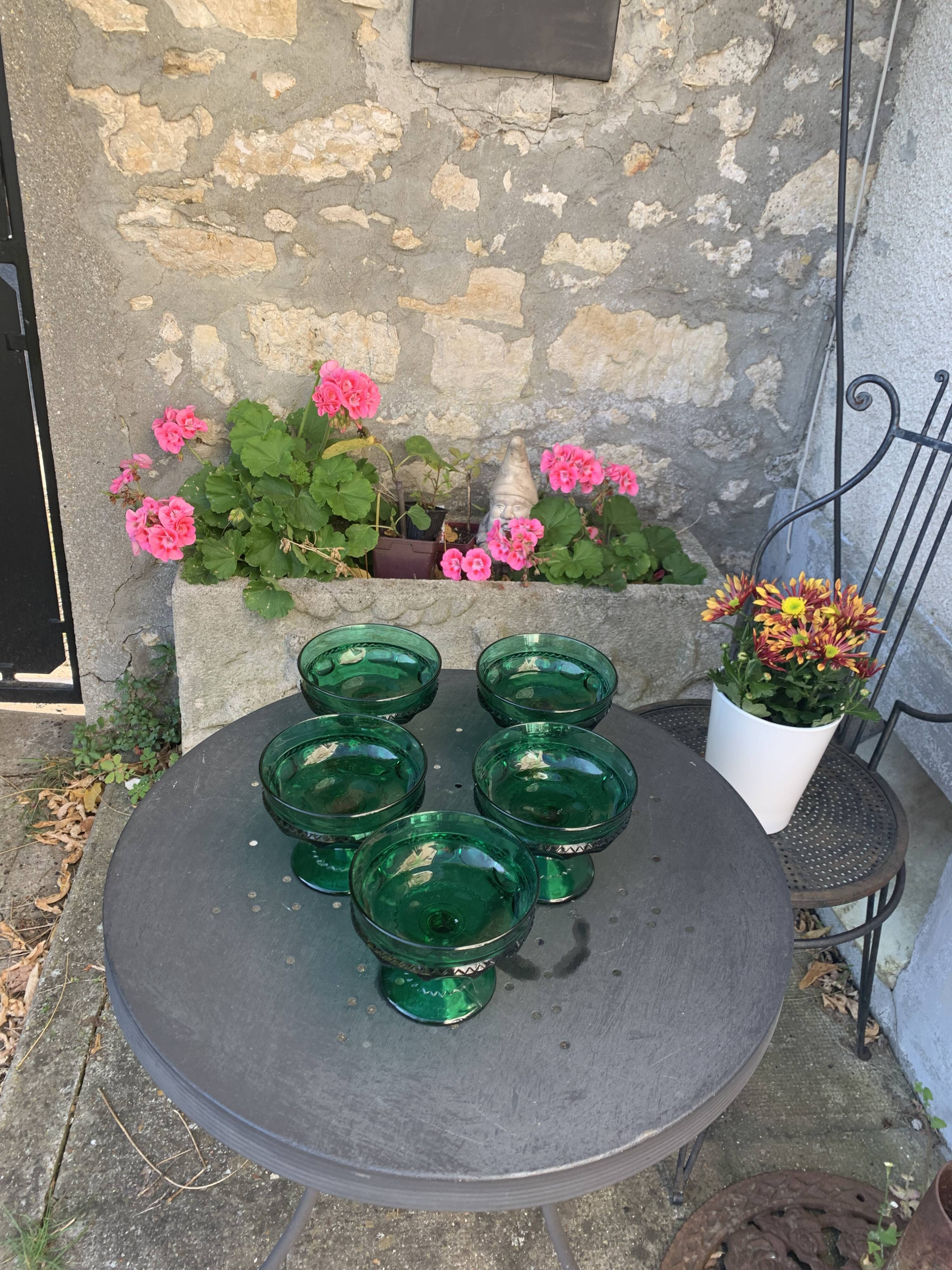 5 cups, vintage green glass verrines