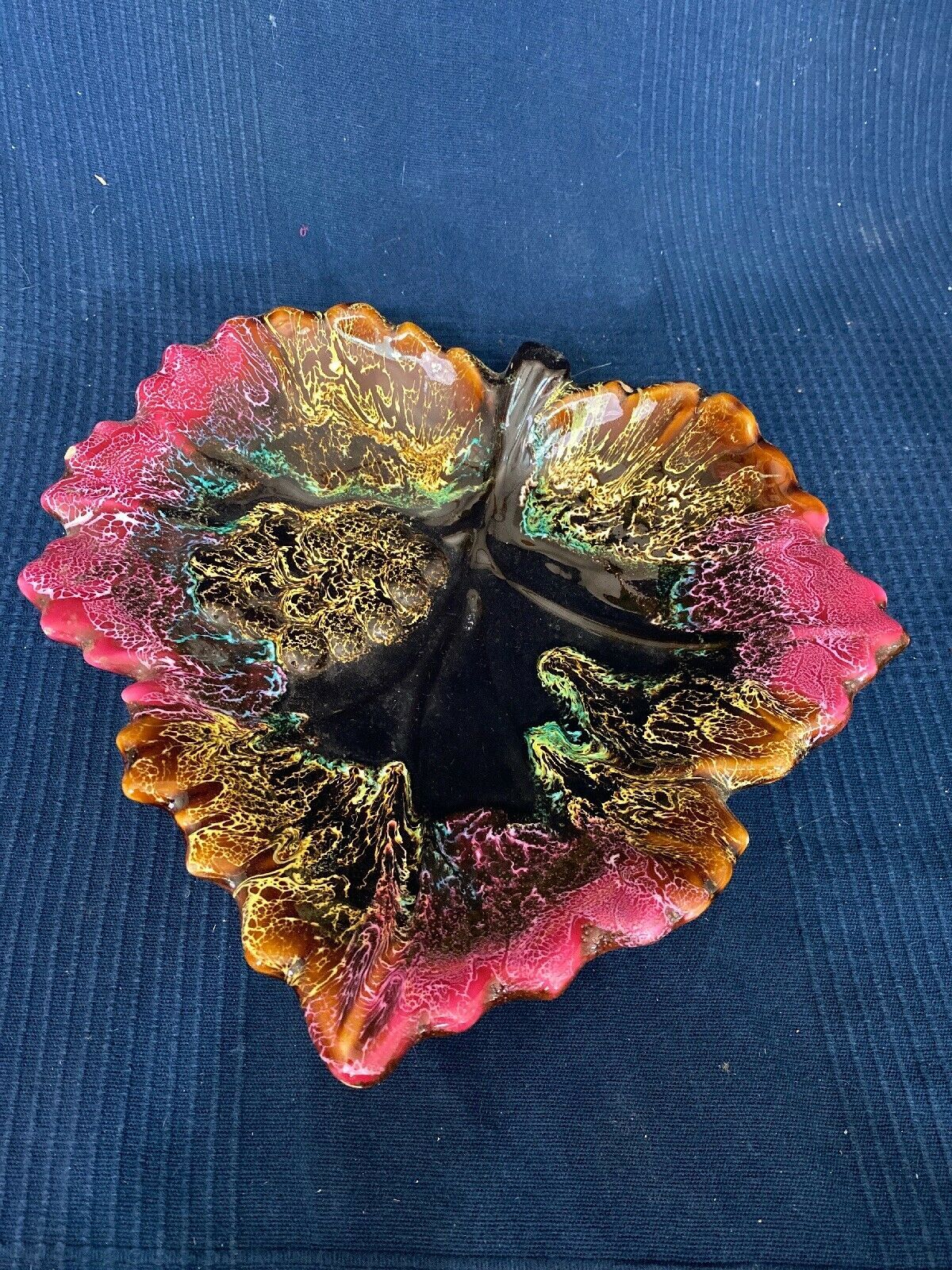 Ceramic leaf-shaped dish by vintage old Vallauris