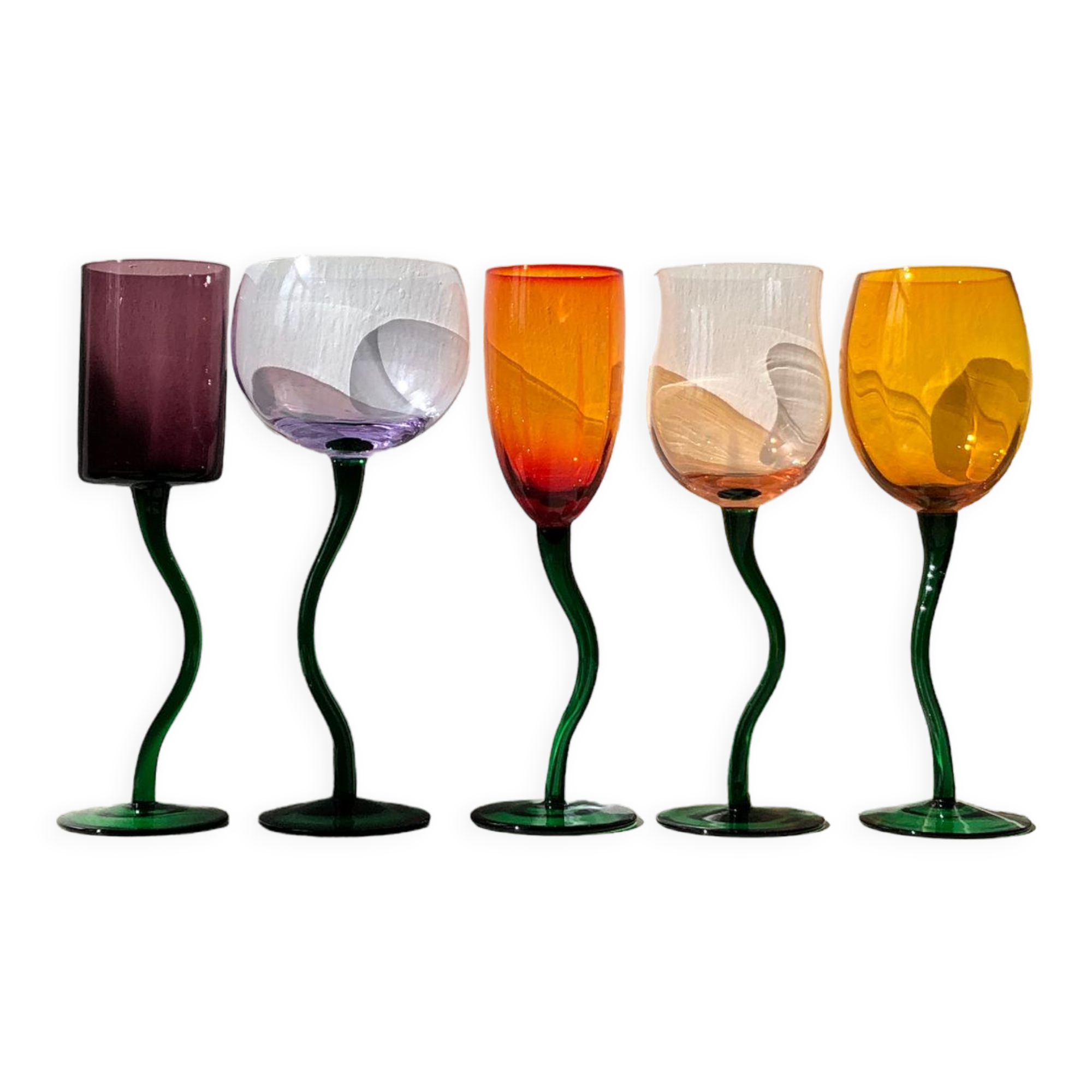 Set of 5 colored blown glass tulip glasses