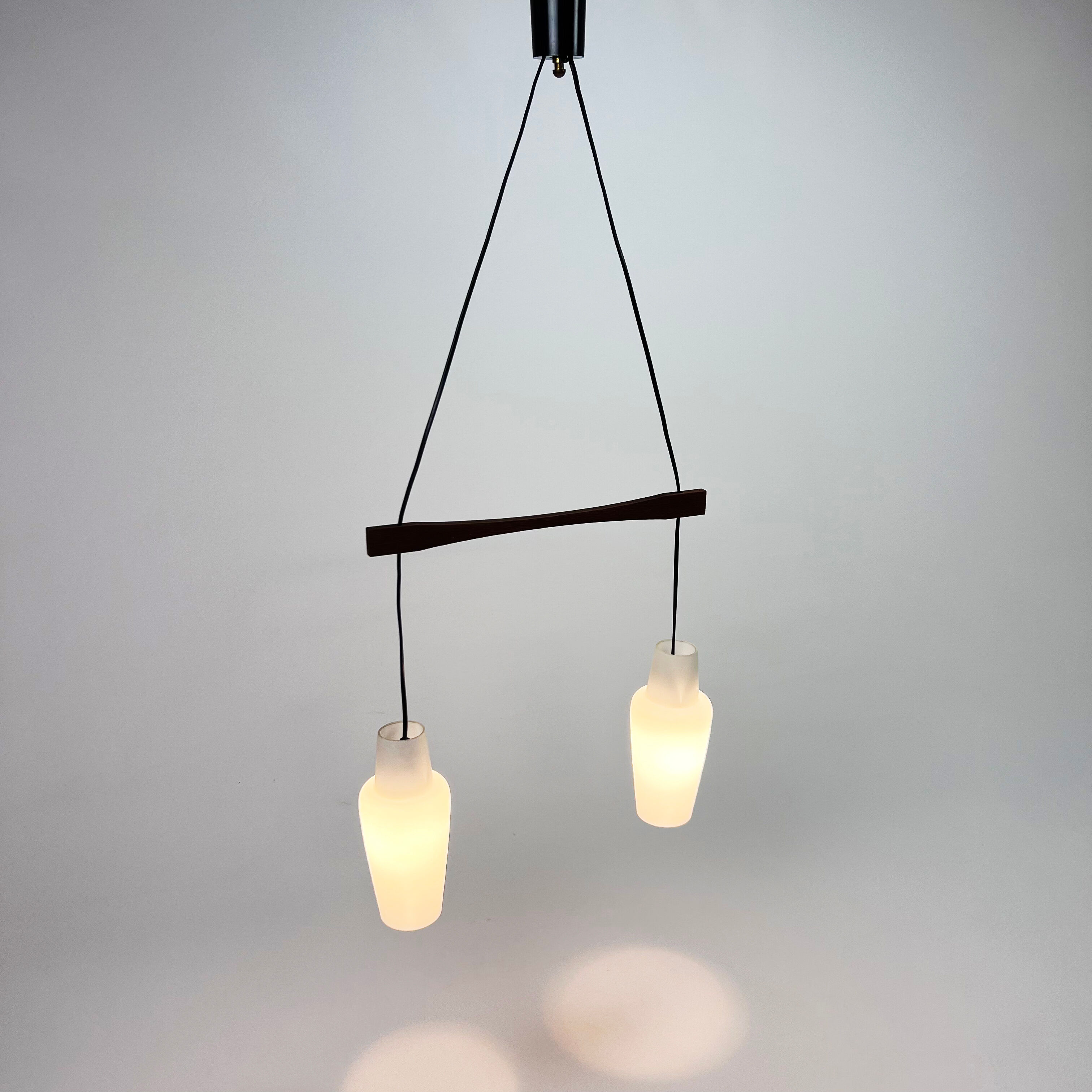 Danish Teak and White Glass Hanging Lamp, 1950s