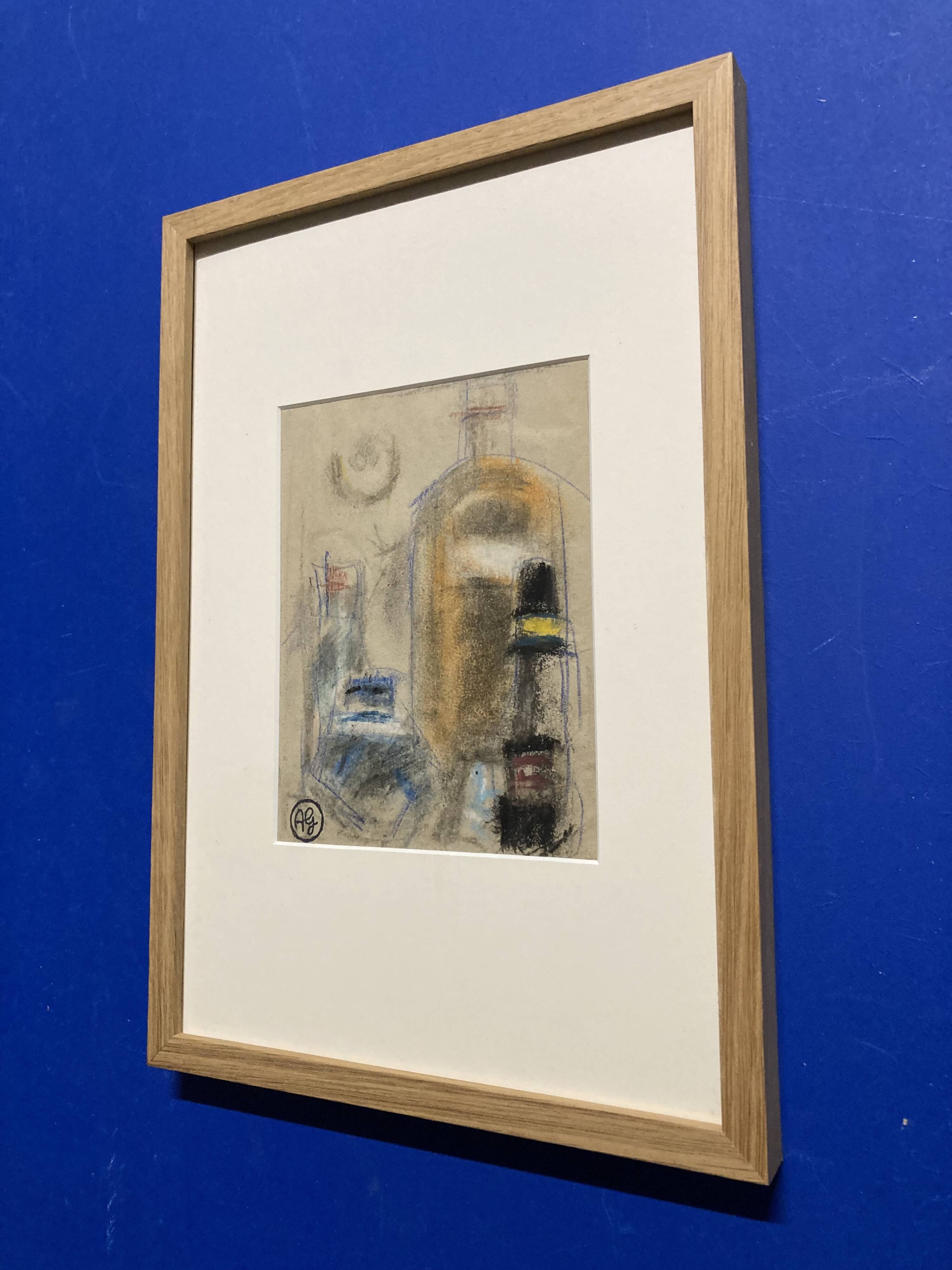 Alfred Gaspart (1900-1993), "Les Bouteilles" Cubist still life, pencil and oil pastel drawing
