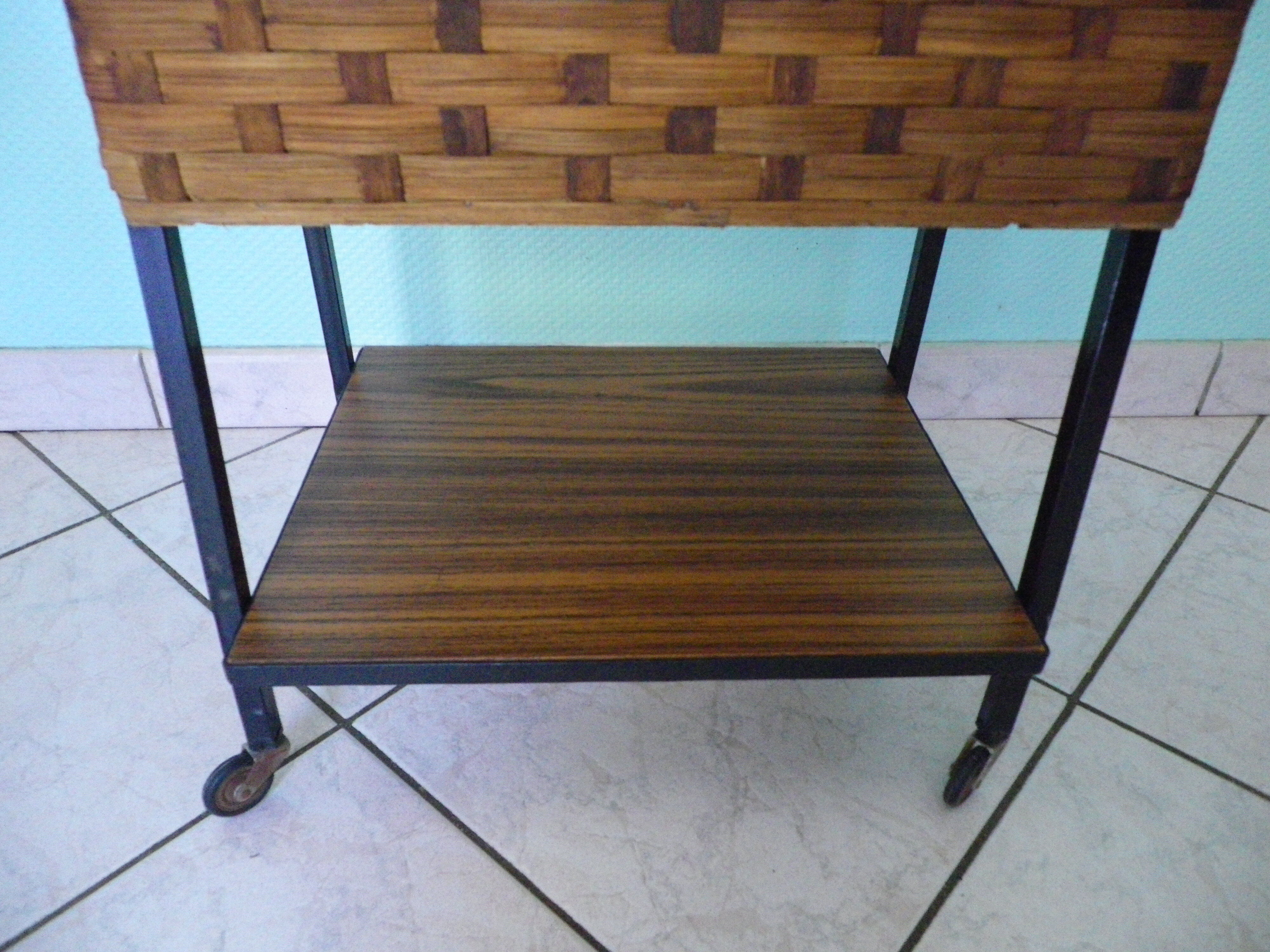 Vintage worker on wheels, rattan, fabric, skaÏ, metal with formica shelf