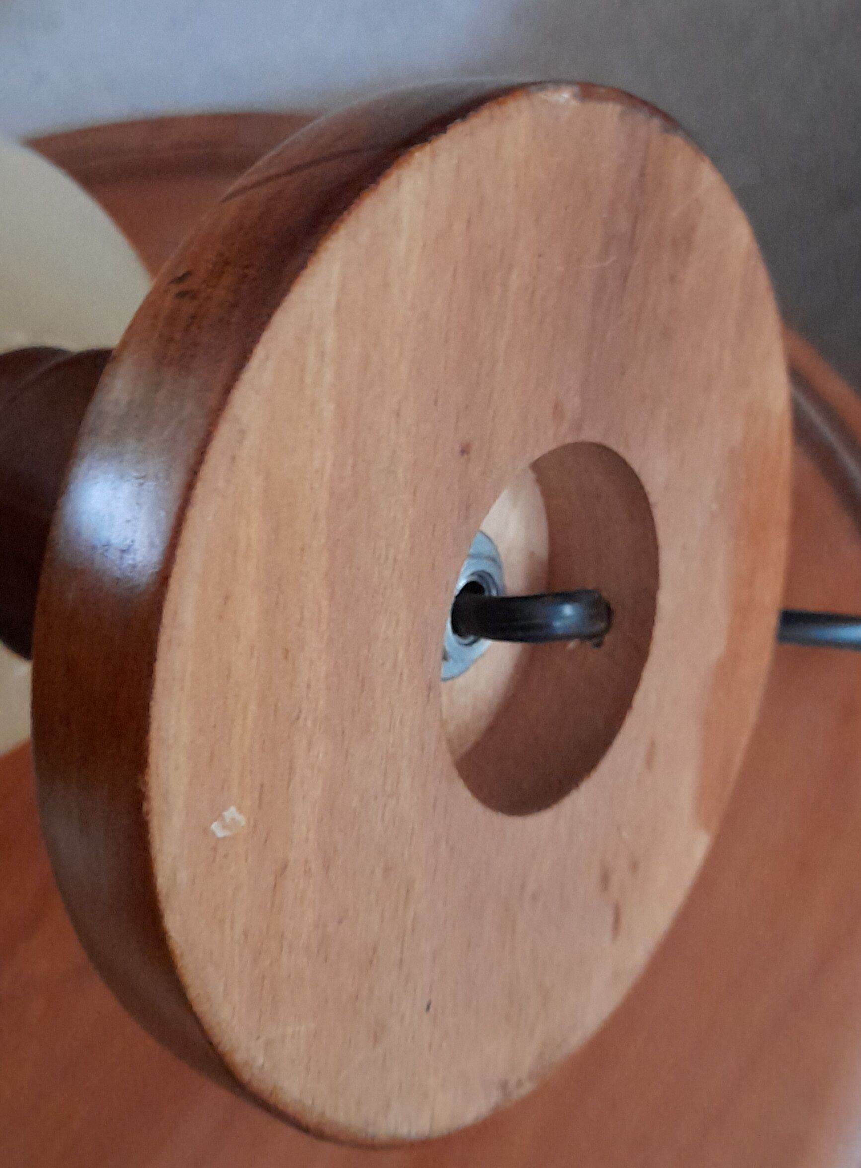 Table lamp foot turned wood and alabaster, round ecru lampshade, 50s