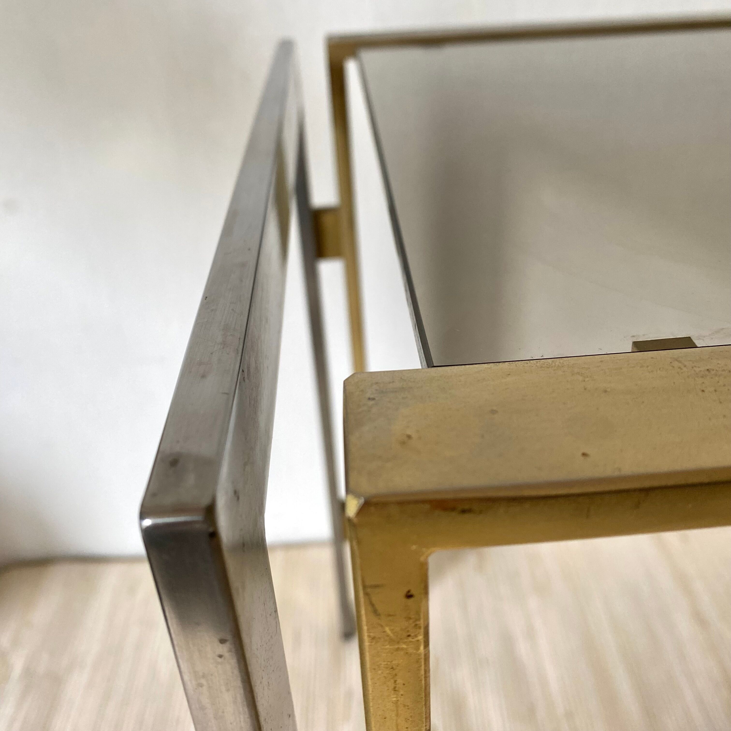Side table, end of sofa in smoked glass and metal, 70s.