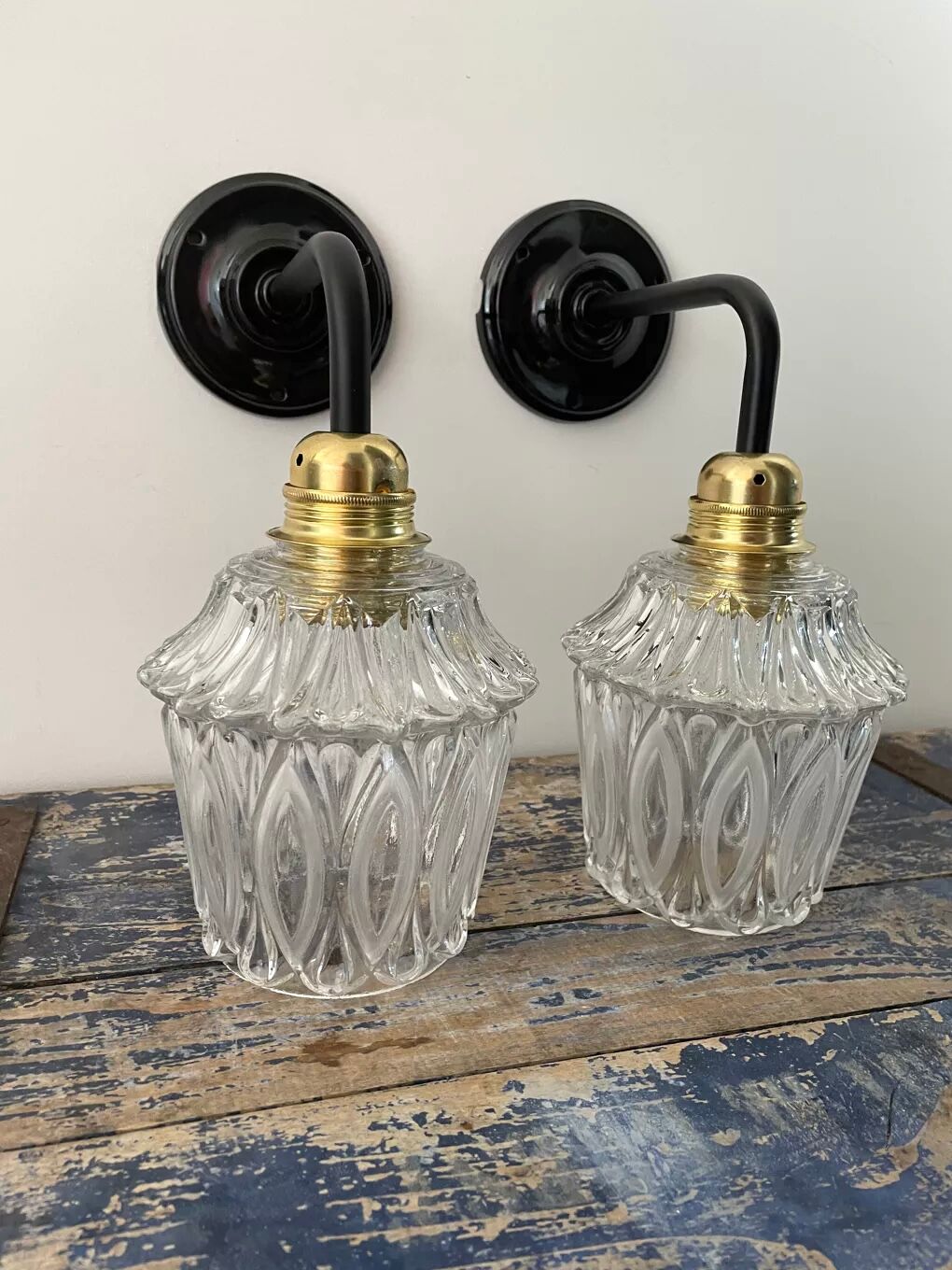 Pair of vintage electrified glass wall lamps