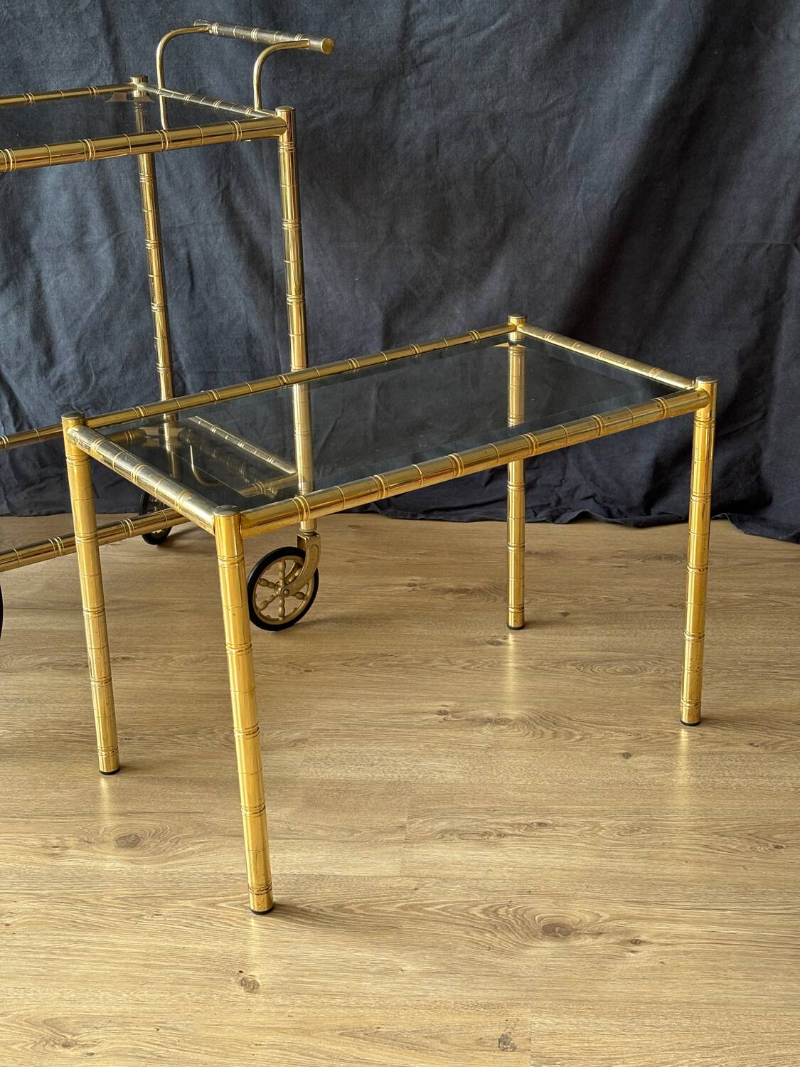 Gilded brass bamboo and smoked glass side table, France 1970