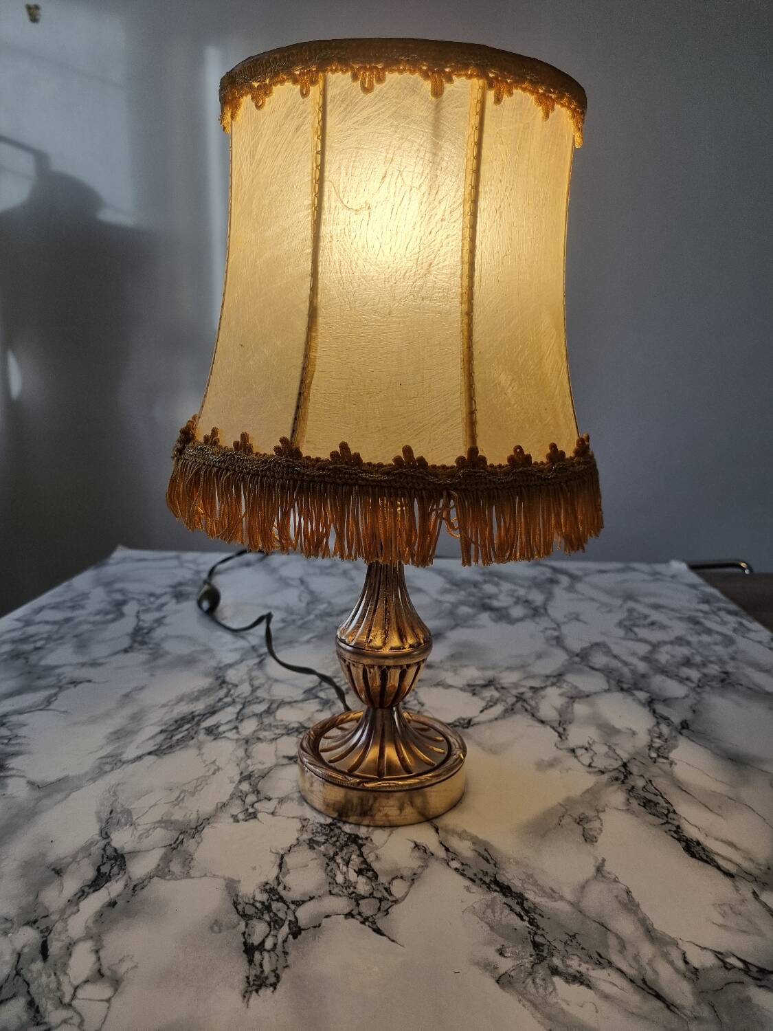 Brass lamp with vintage mother-of-pearl lampshade