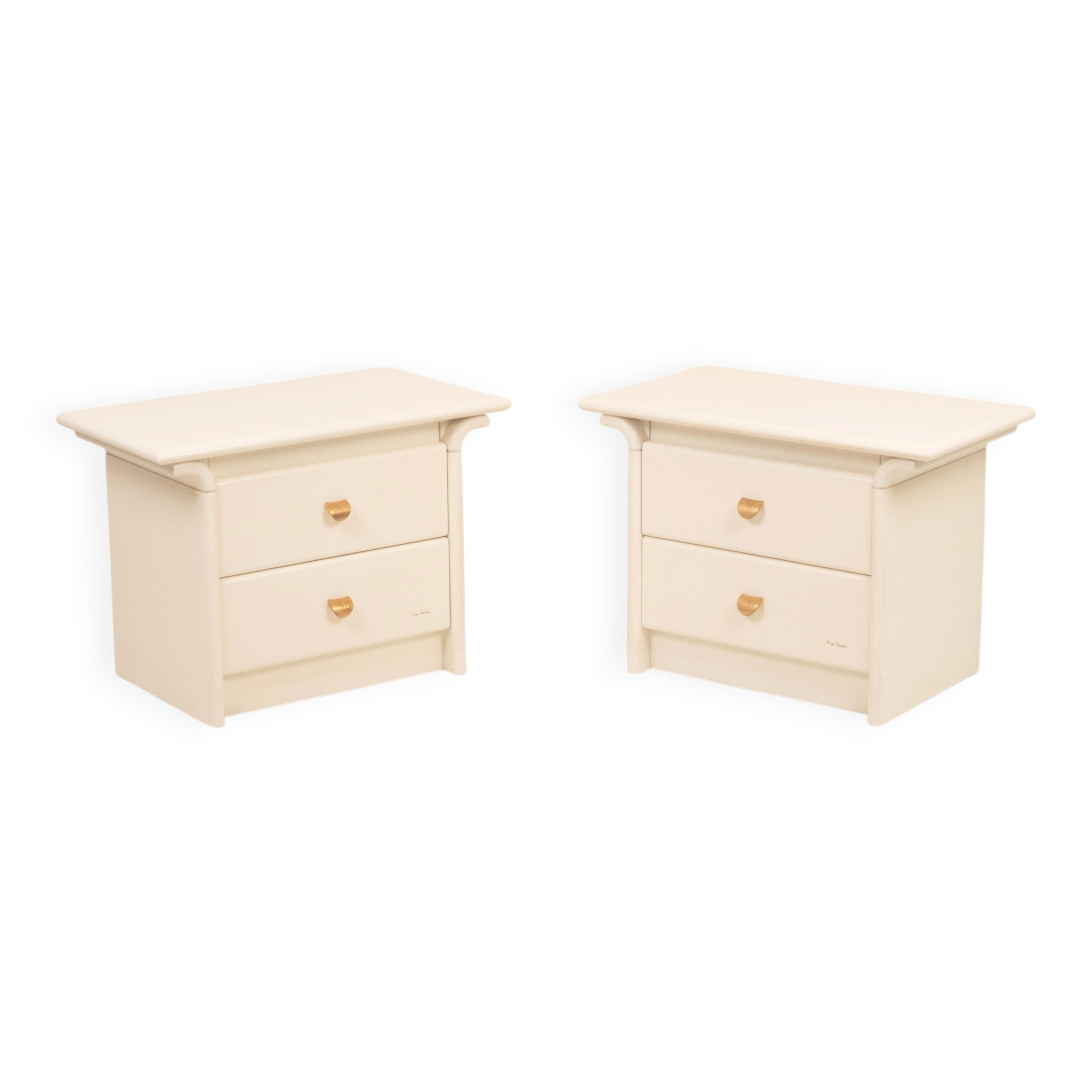 Pair of cream lacquered bedside tables by Pierre Cardin, 1980