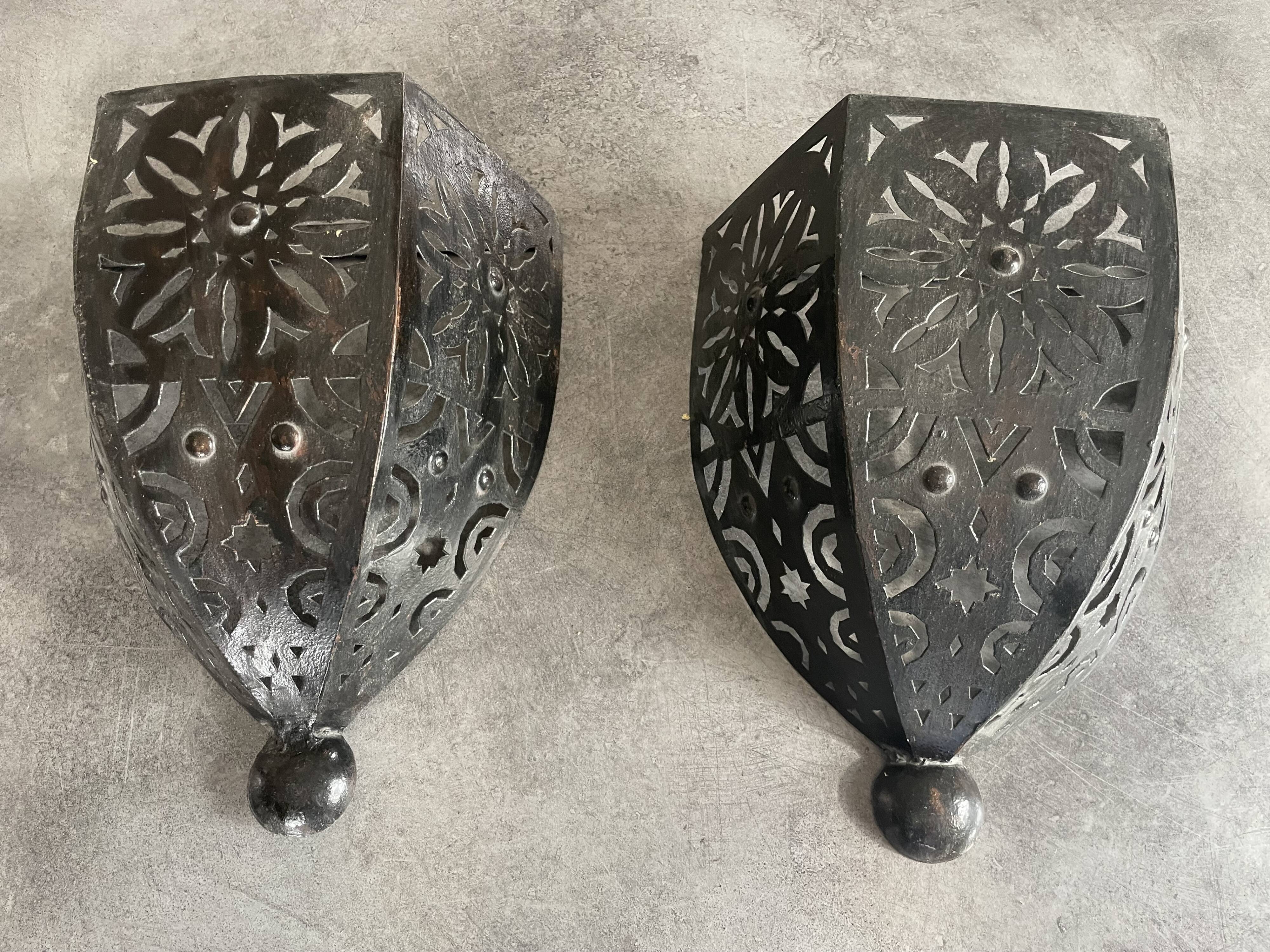 Pair of Wall Sconces in Iron with Cut-Out Patterns