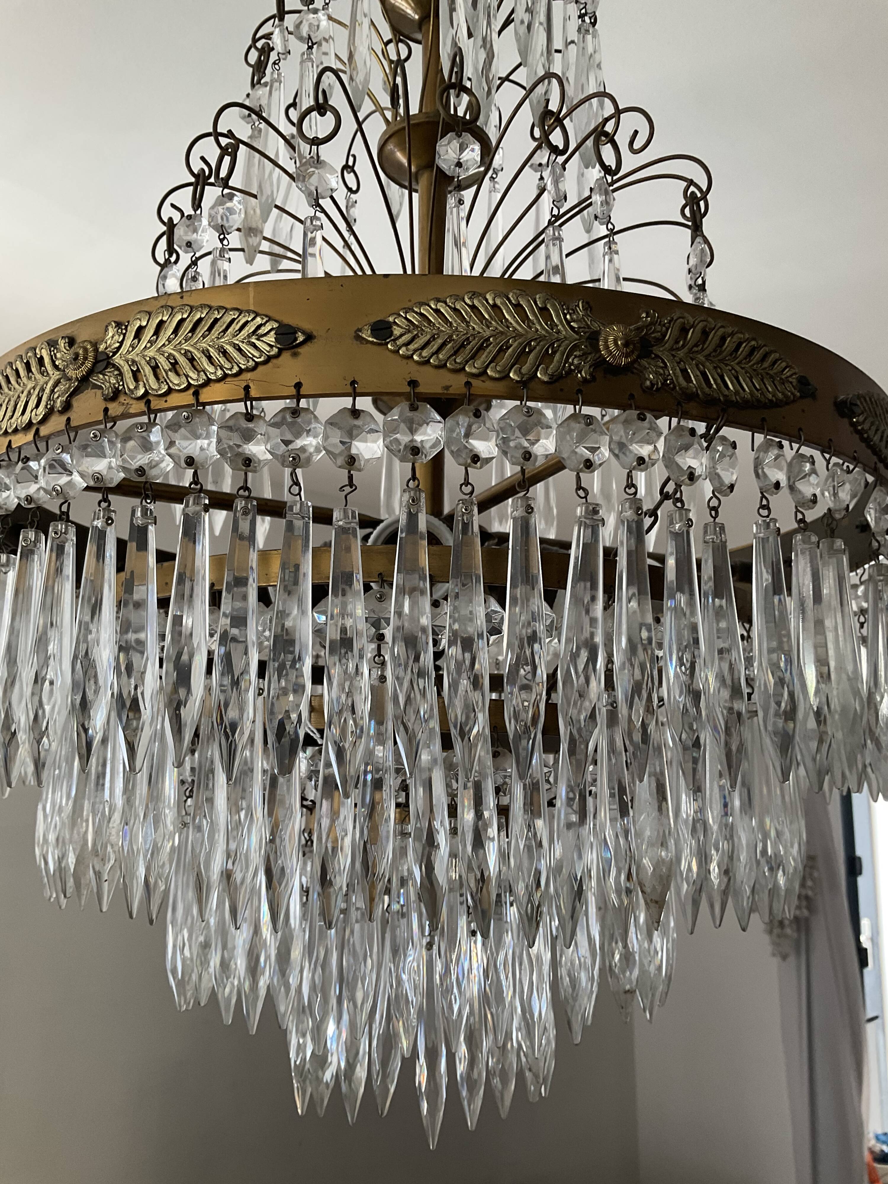 Old Crystal Grapevine Waterfall Chandelier and Solid Bronze Frame