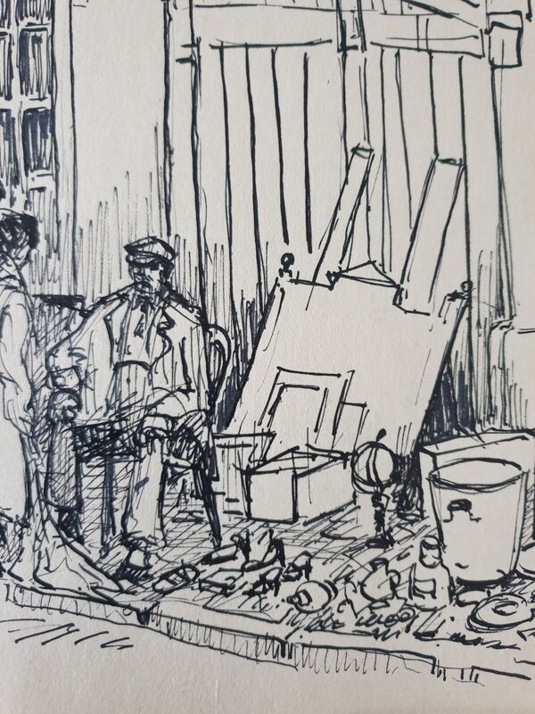 André Duculty (1912-1990) India ink on paper "The unpacking of the second-hand dealer" Signed below