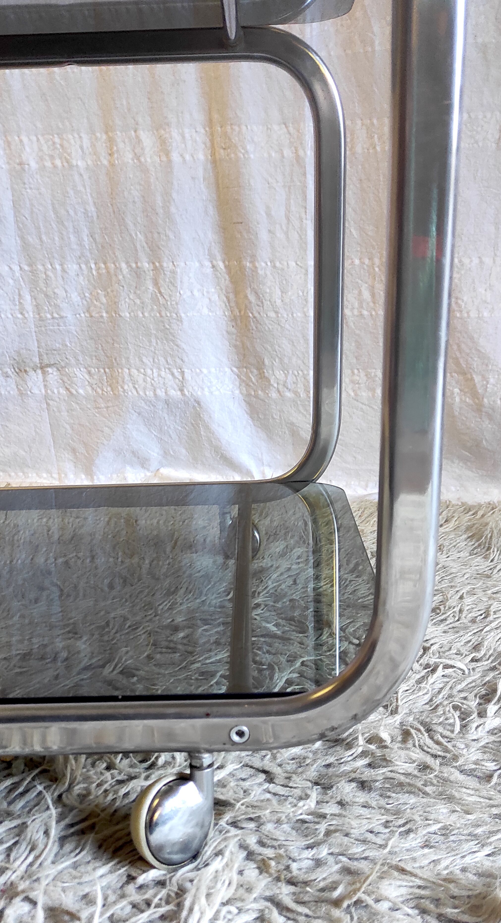 Side table in chromed metal and smoked glass, 60s-70s