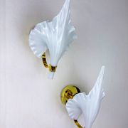 Pair of Italian "Calla Lily" leaf-shaped wall sconces, Murano glass & gilt brass, circa 1970s
