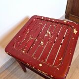 Antique square stool in red wood, workshop patina