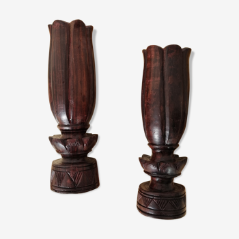 Duo vintage dark wood candle holders