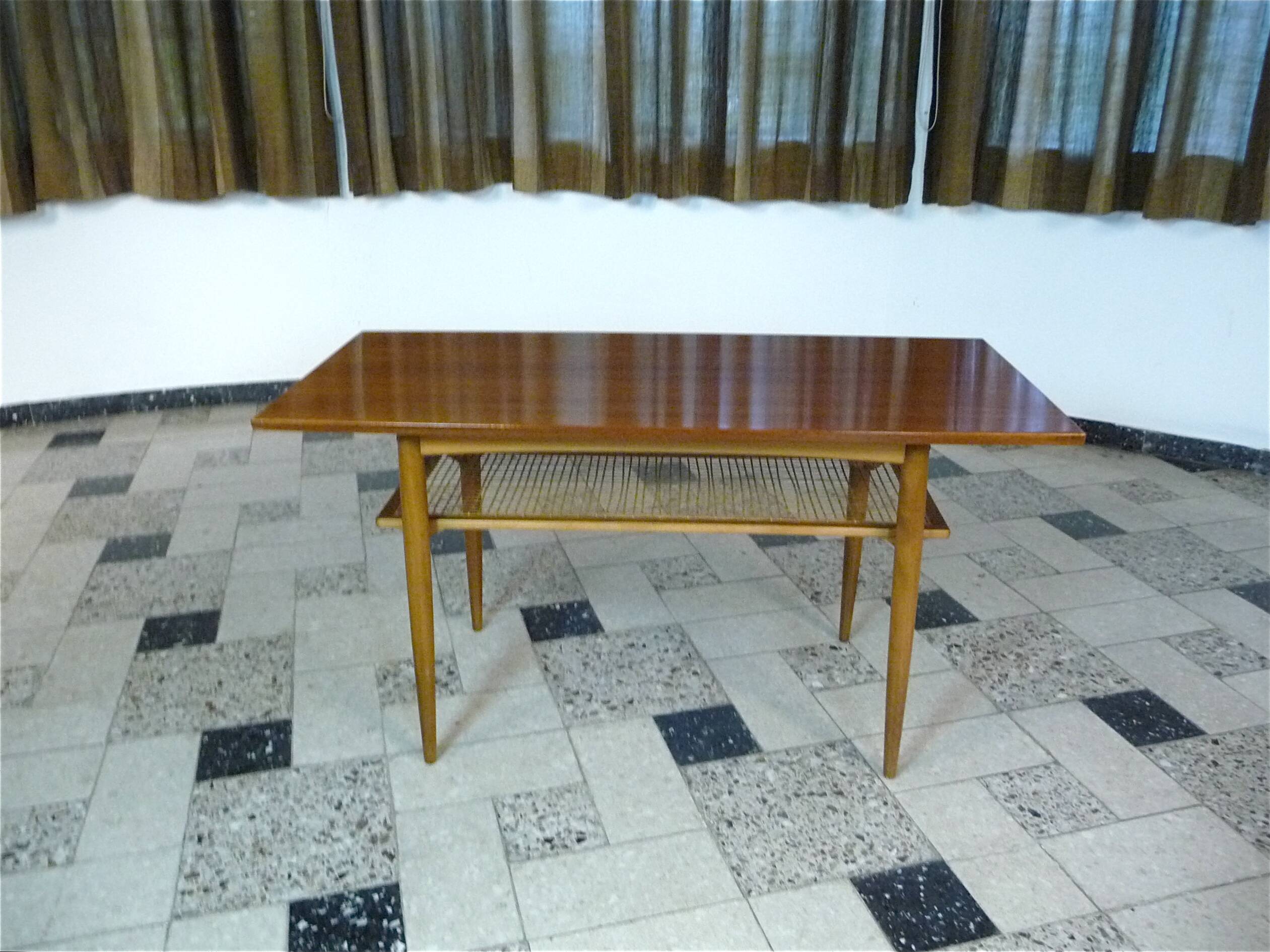 Wilhelm Knoll Side or Coffee Table with Lower Shelf in Woven Cane, Germany 1950s