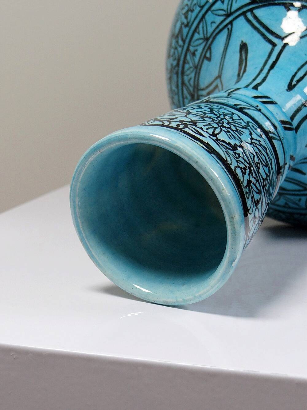 Covered vase or Persian jar, glazed Iznik pottery, vintage turquoise painted.
