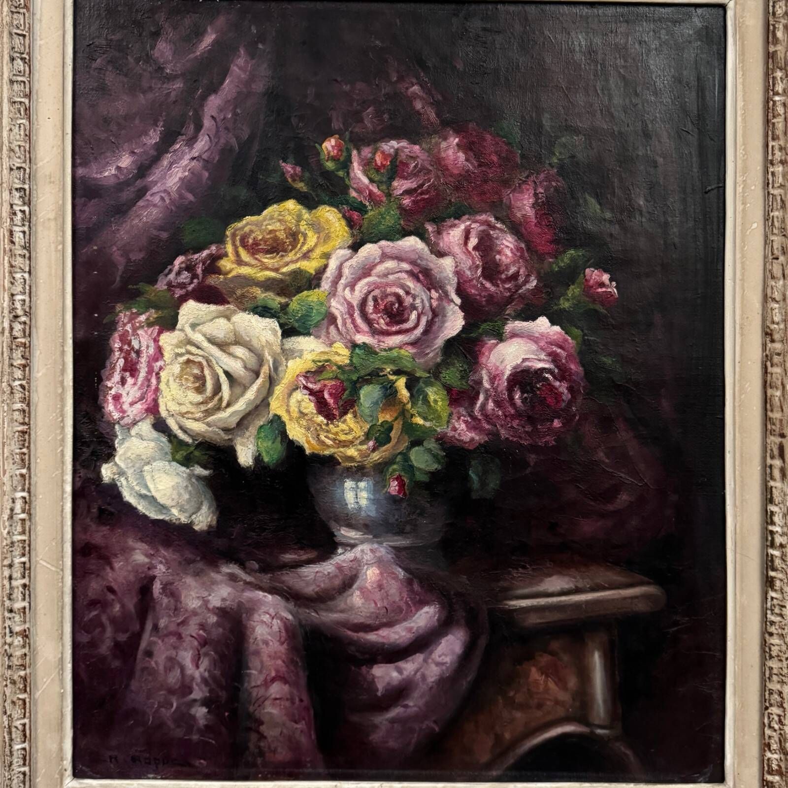 Oil on canvas bouquet of roses and drapery 20th century by R. Roque cerused frame
