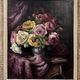 Oil on canvas bouquet of roses and drapery 20th century by R. Roque cerused frame