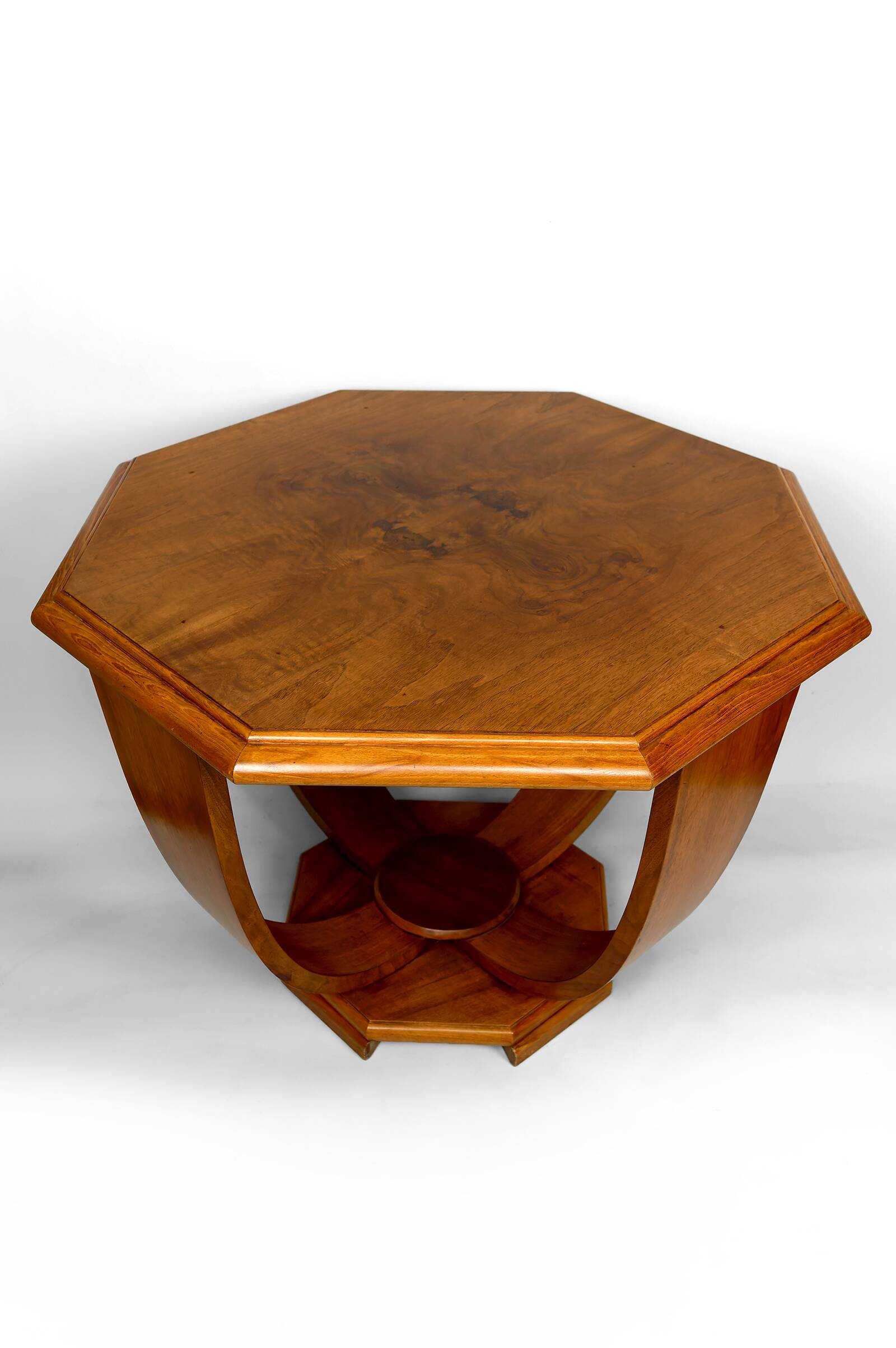Octagonal Walnut Pedestal Table, Art Deco Modernist, France, c. 1930
