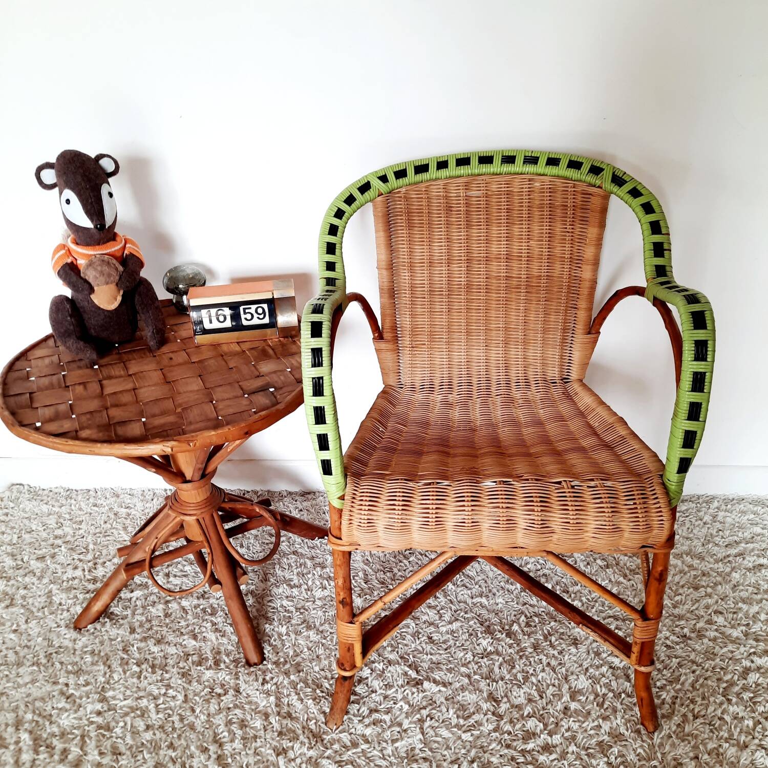 50s/60s rattan armchair with black apple green edging