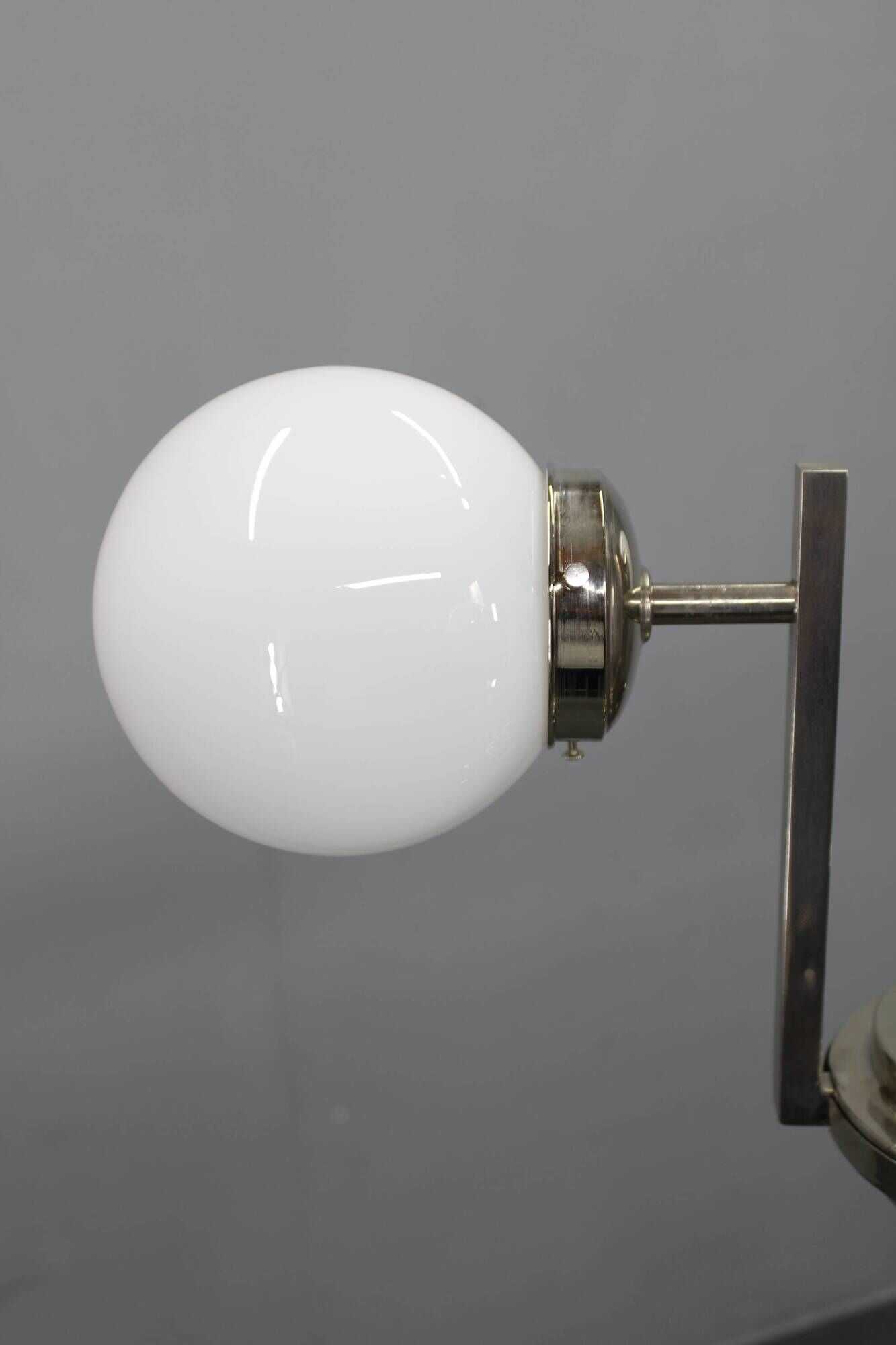 Czechoslovak Art Deco nickel chandelier with three opaline glass globes