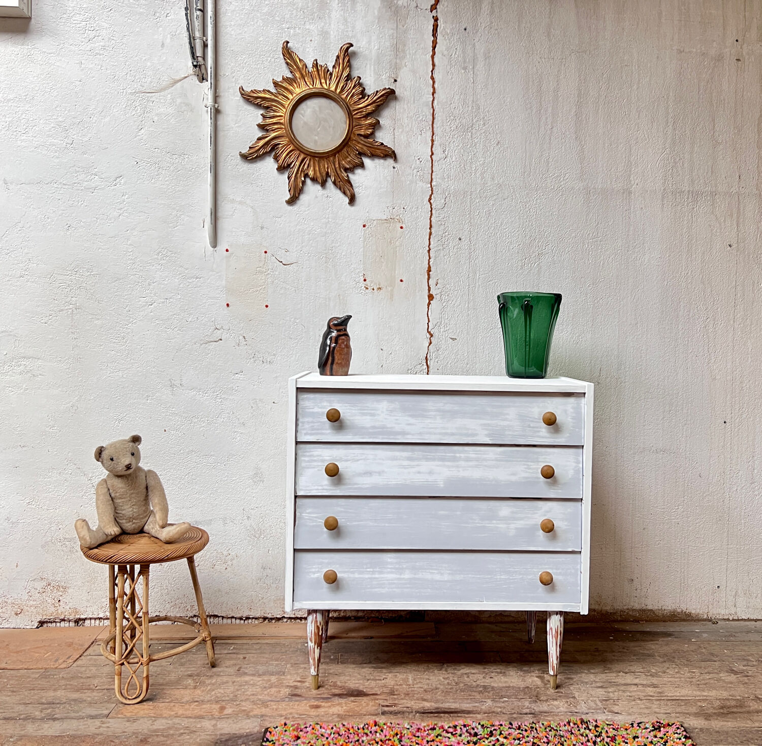 Vintage weekly chest of drawers 1950/1960 - retro - 4 drawers - compass feet - white