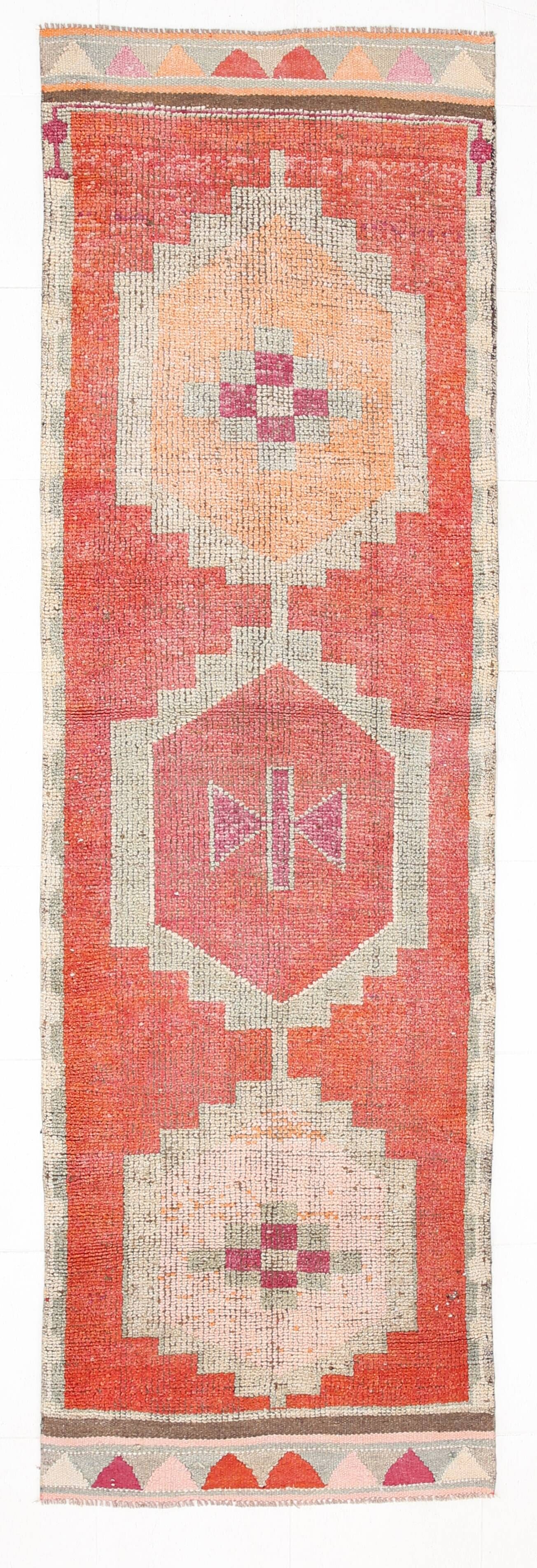 Tapis de couloir Oushak corail vintage, tapis turc ancien, 95x310 cm