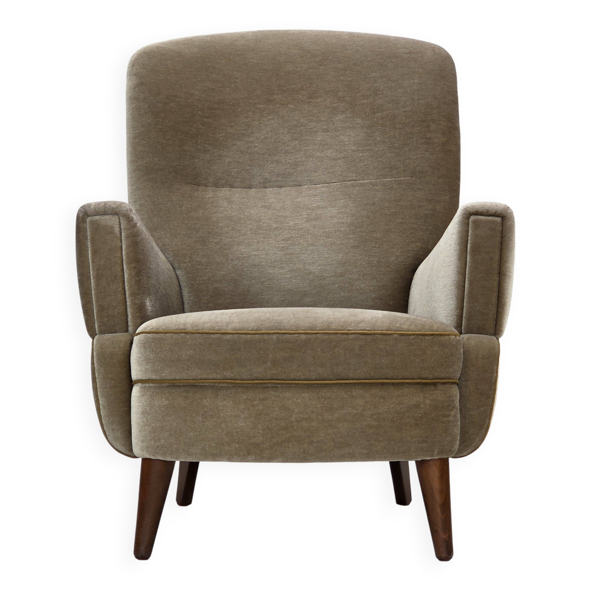 1970s, Danish armchair, green furniture velour, beech wood legs.