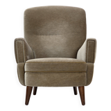 1970s, Danish armchair, green furniture velour, beech wood legs.