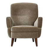 1970s, Danish armchair, green furniture velour, beech wood legs.