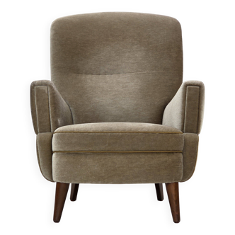 1970s, Danish armchair, green furniture velour, beech wood legs.