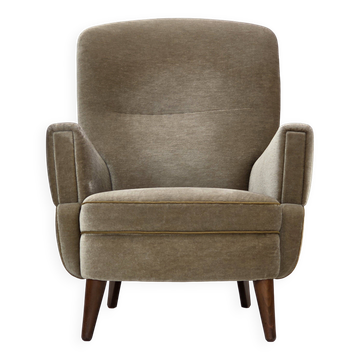 1970s, Danish armchair, green furniture velour, beech wood legs.