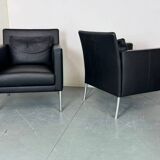 2 fauteuils de salon modernistes allemands en cuir noir et acier de Walter Knoll