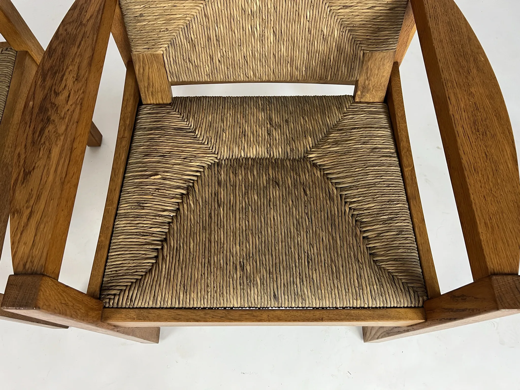Set of 2 Vintage armchair easy chairs oak & seagrass 60s mid-century