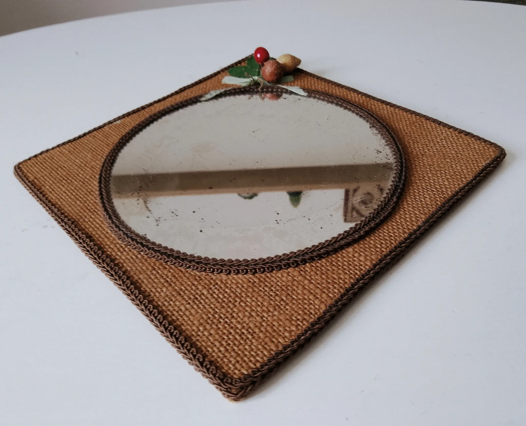 Vintage mirror in handwoven raffia Art Monique 1970s