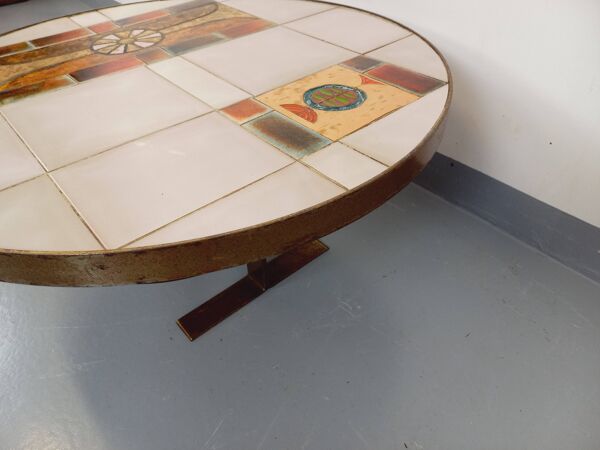 Table basse ronde vintage de Jean Gregorieff pour Roche Bobois des années 60 70 en céramique acier