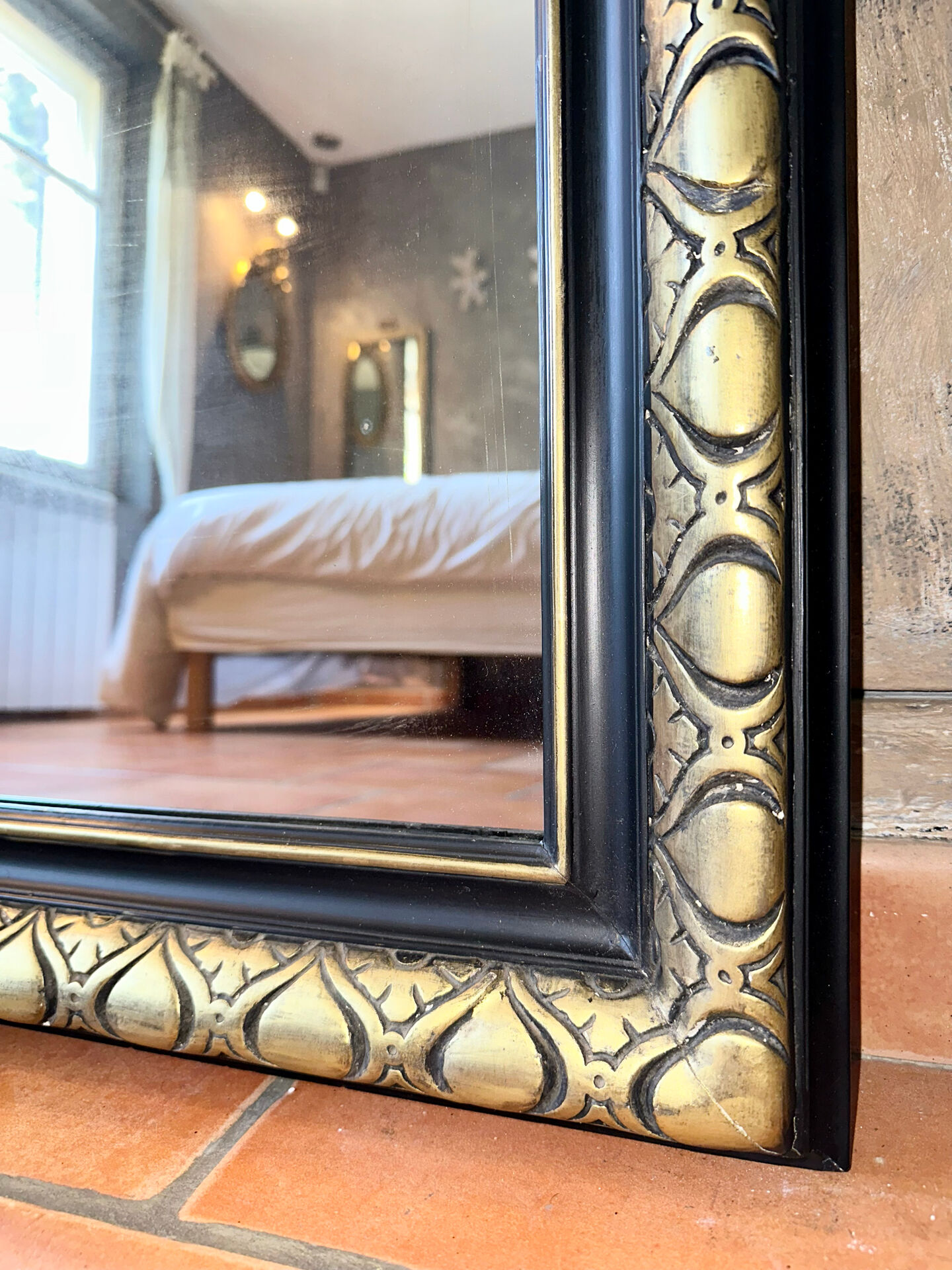 Miroir Louis-Philippe noir et doré ancien XIXème