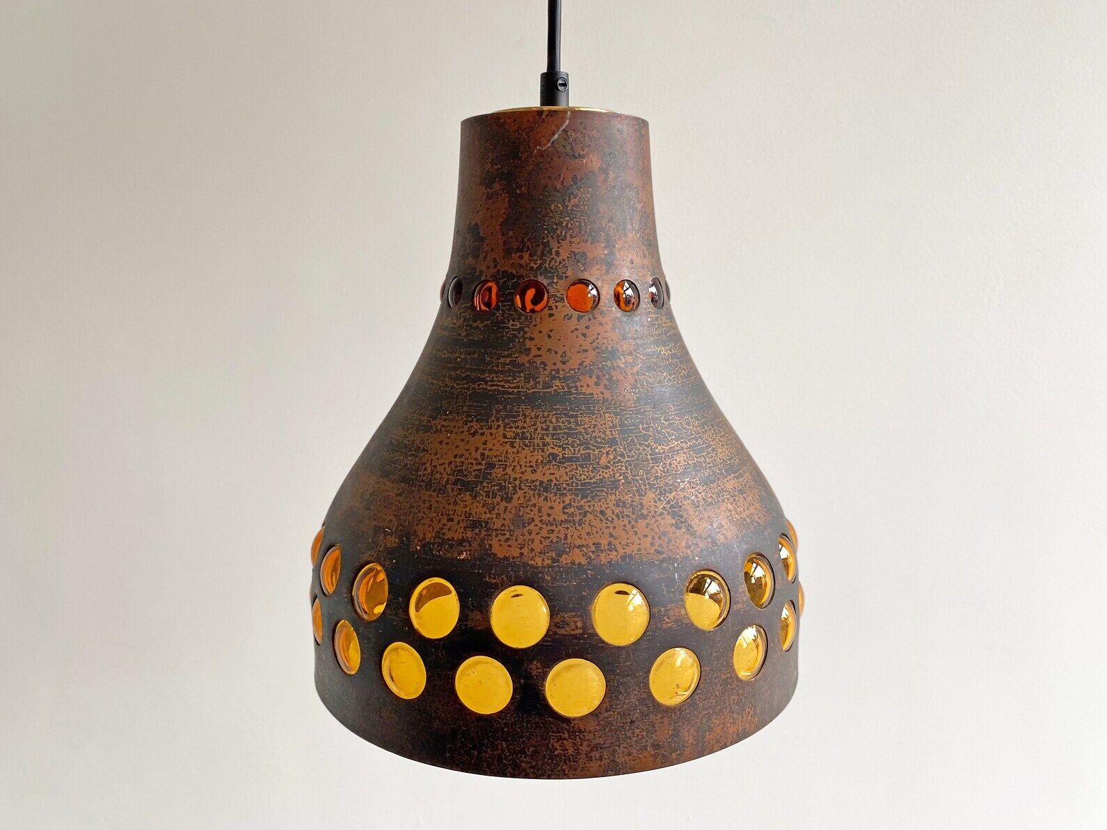 Mid Century caged glass & copper hanging lamp / pendant