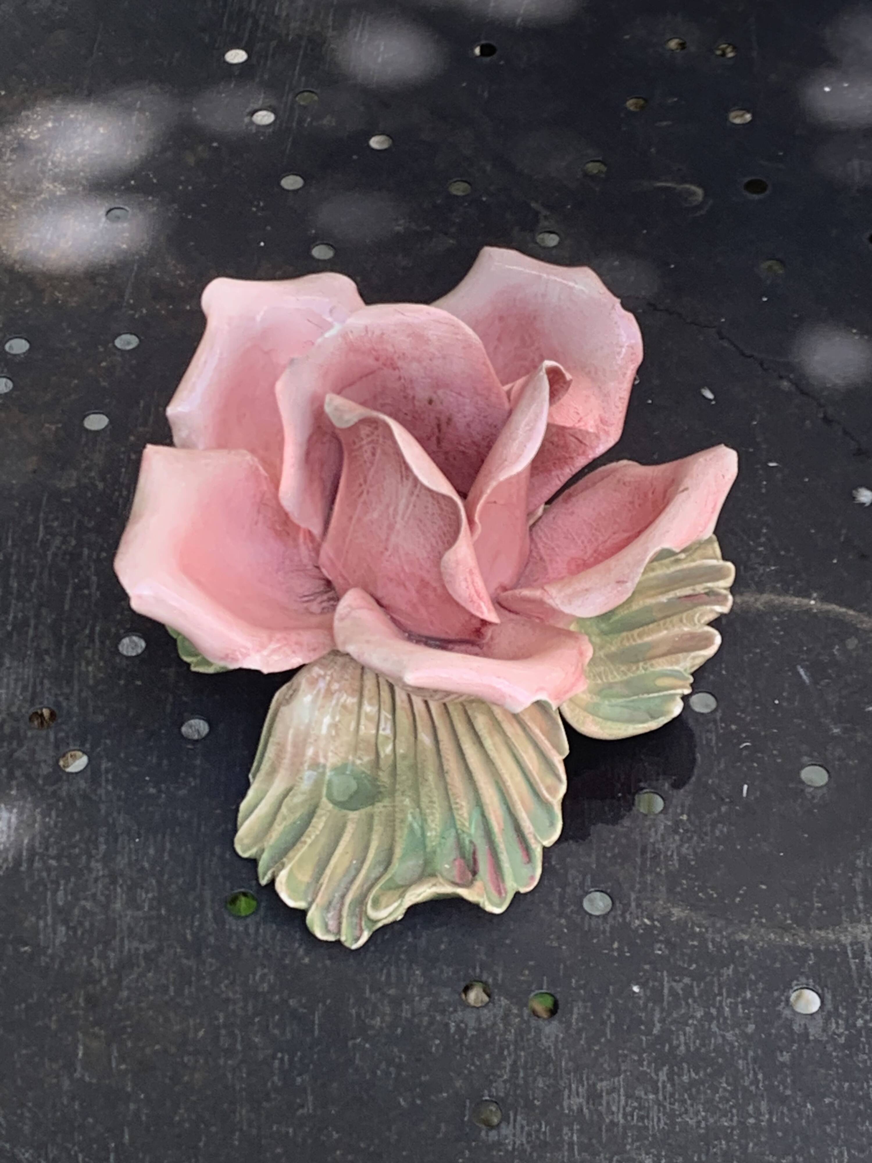 Pink candle holder in slip, old biscuit