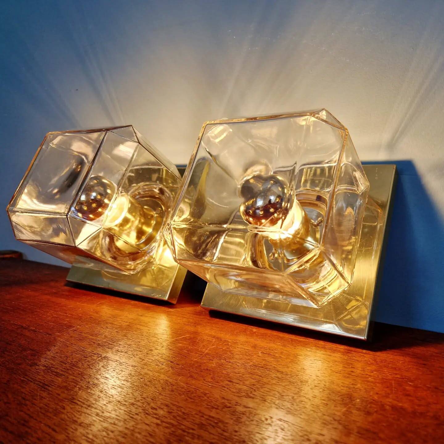 Pair of wall sconces in glass and brass, Limburg, 1970