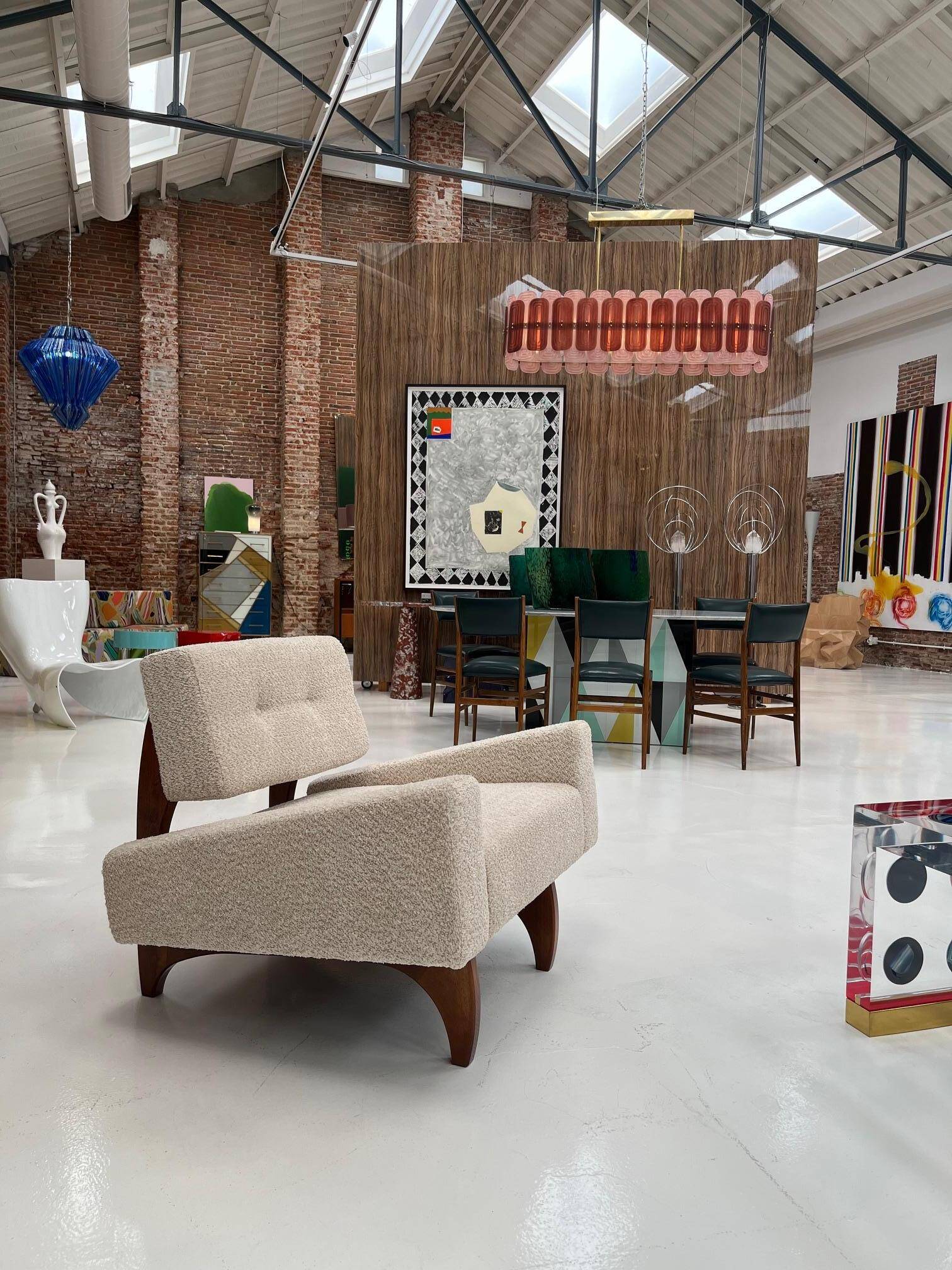 Pair of Italian Contemporary Walnut Armchairs with White Bouclé Upholstery