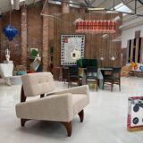 Pair of Italian Contemporary Walnut Armchairs with White Bouclé Upholstery