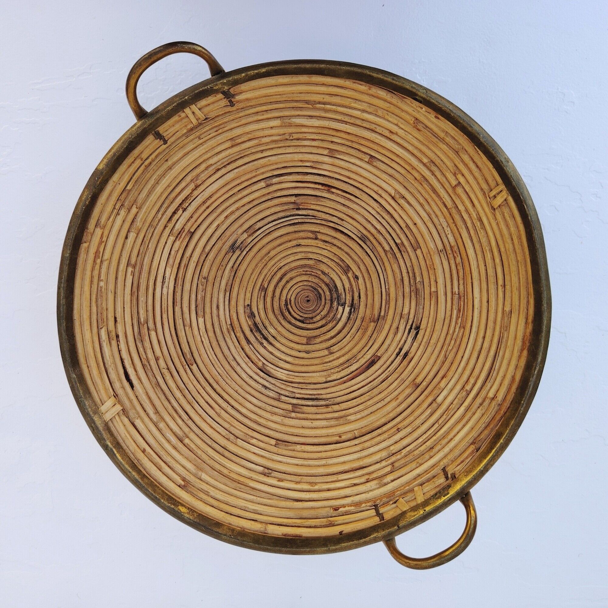Rattan and brass basket in the style of Gabriella Crespi.